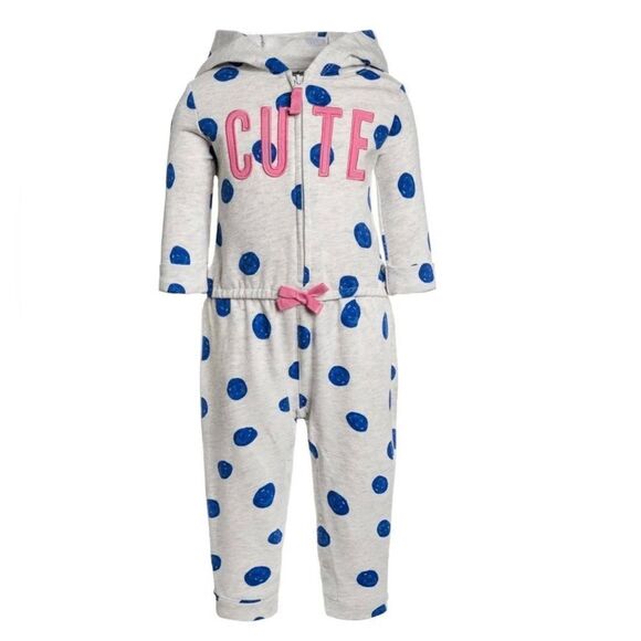 Girls Carter's hooded jumpsuit, polka dot, one piece, says “cute” - Picture 1 of 3